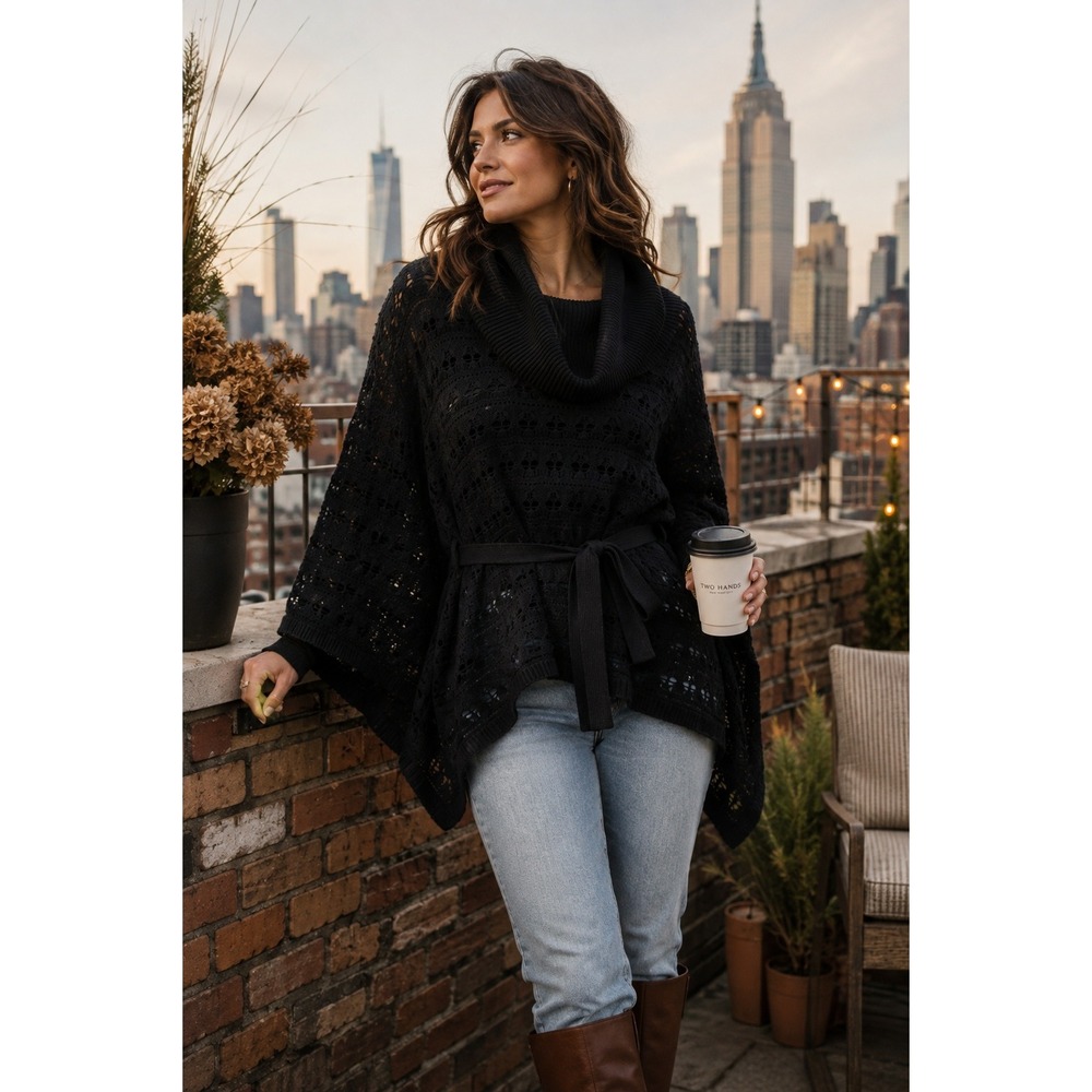Anne Klein Tribeca Black Pointelle Knit Cowl Neck Belted Poncho Sweater NWT M
